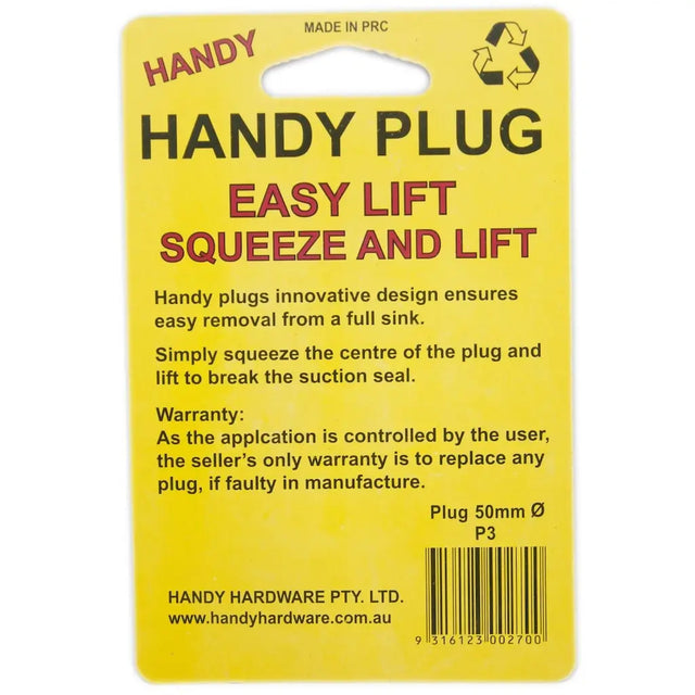 Yellow label for Handy Plug with text and branding details