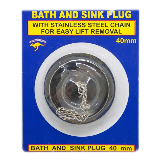 Bath and sink plug with stainless steel chain on a blue packaging background