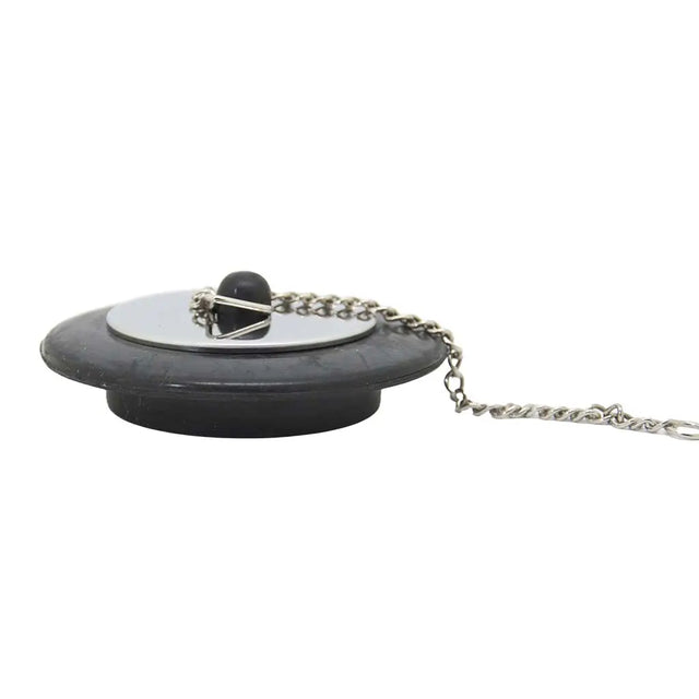 Black rubber stopper with a metal chain on a white background