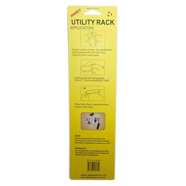 Yellow packaging of a utility rack with text and graphics on a white background