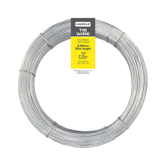 Coiled tie wire with a Hardaz label on a white background