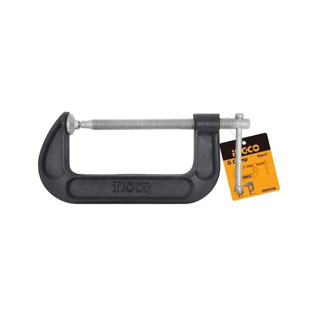 C-clamp with a black handle and silver jaw on a white background, accompanied by an ICCO branded card.
