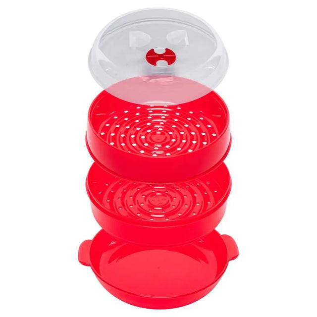 Red plastic kitchen tool with clear lid on a white background