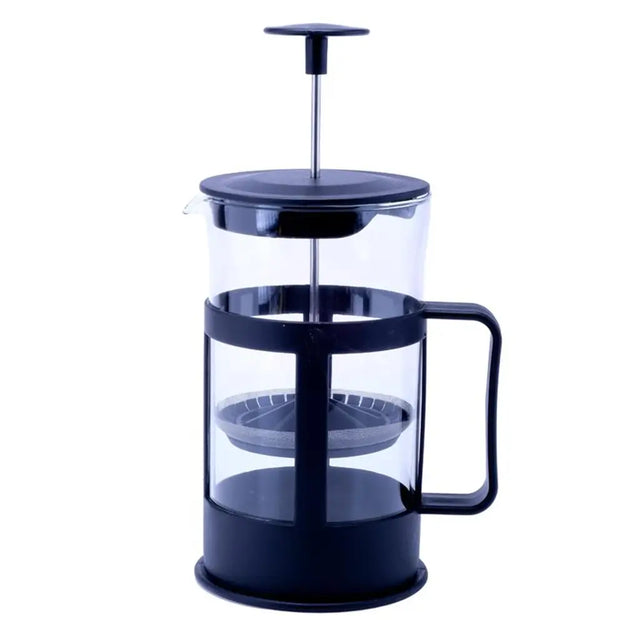 Black French press coffee maker on a white background