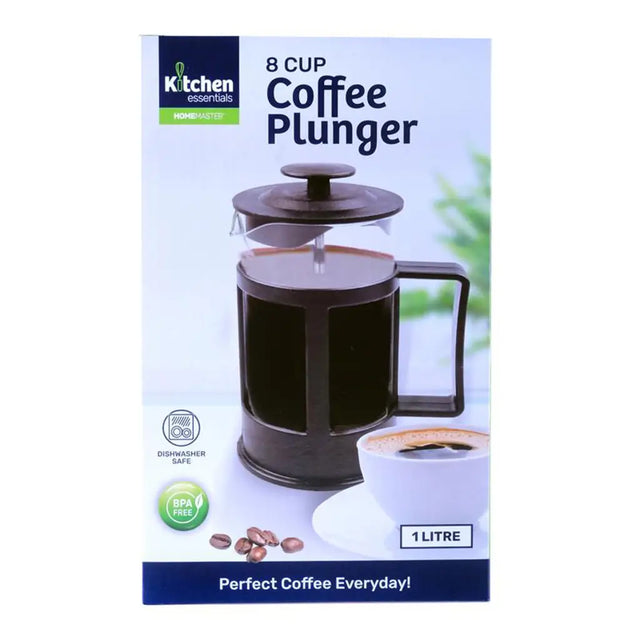 8 cup coffee plunger packaging with a cup of coffee and beans on a white background