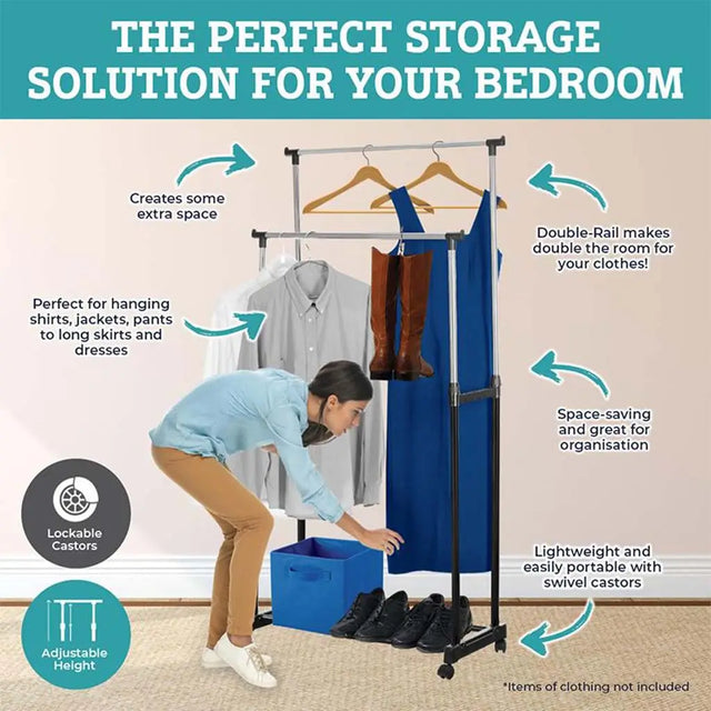 Clothing storage solution with text highlighting features, including a woman using the closet.
