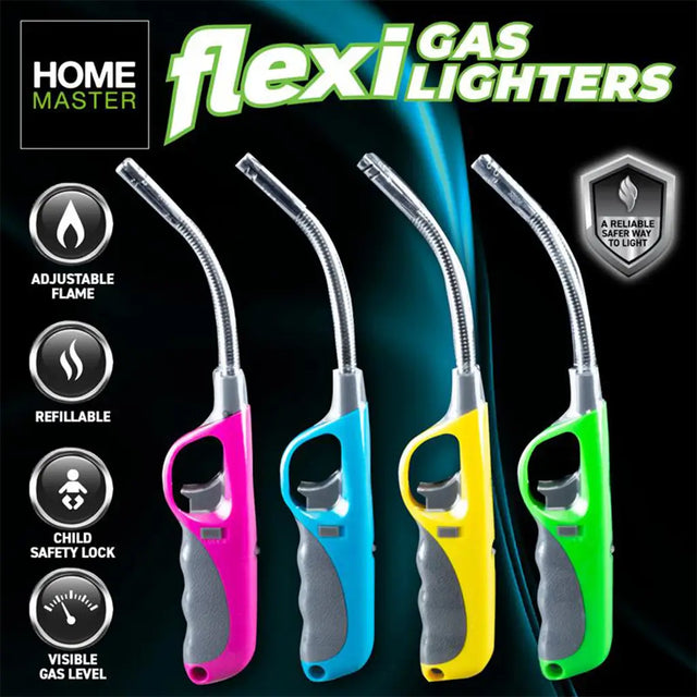 Four flexi gas lighters in pink, blue, yellow, and green with features listed on a black background.