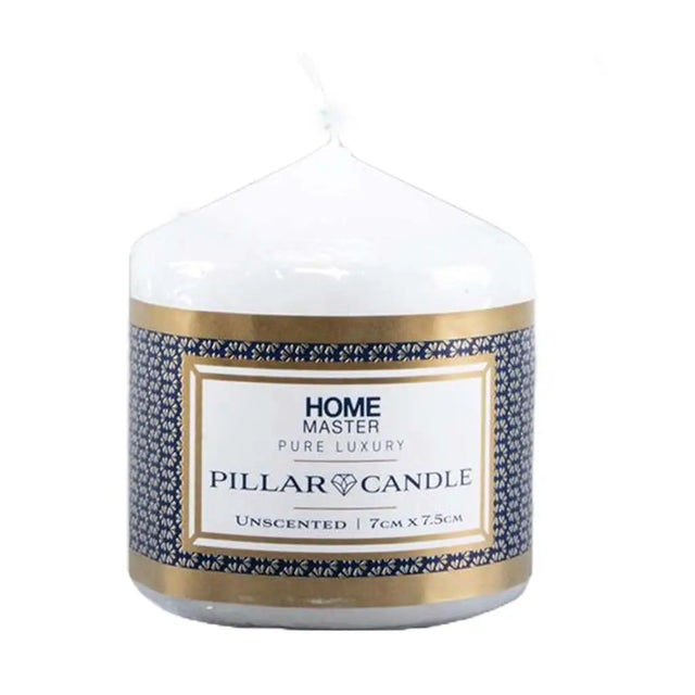 Pillar candle with a decorative label on a white background