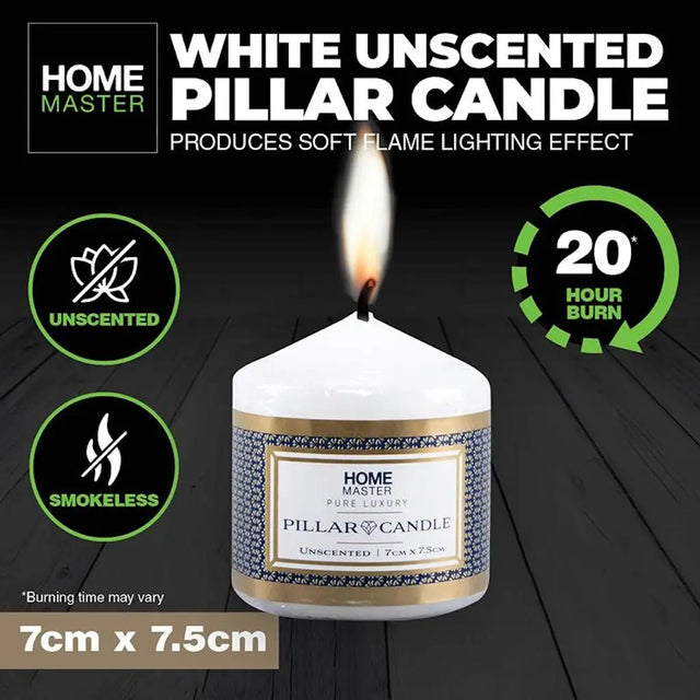 White unscented pillar candle with flame on a dark wooden surface, featuring Home Master branding.