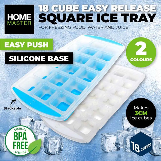 Home Master 18 cube easy release square ice tray with blue and white compartments on a blue background.