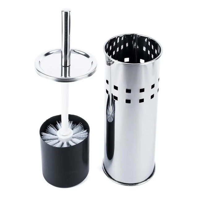 Bathroom cleaning brush with black holder and chrome handle next to a silver cylindrical container on a white background