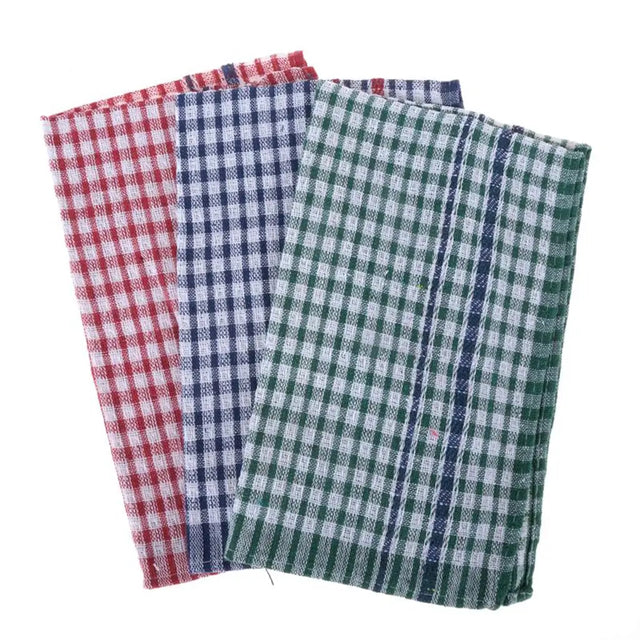 Three checkered towels in red, blue, and green on a white background