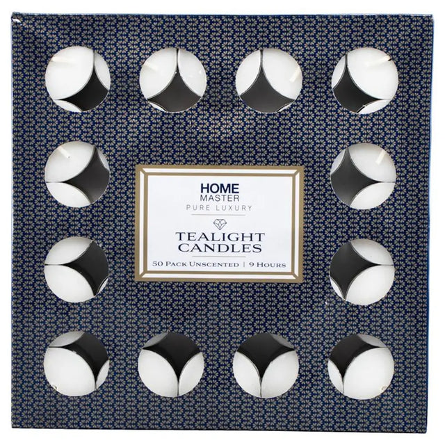 Pack of 50 unscented tealight candles with a decorative box.