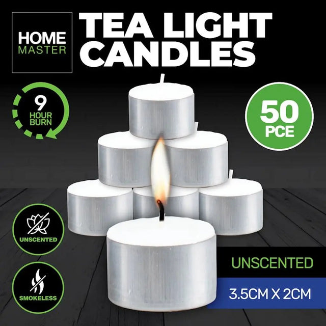 Tea light candles stacked with a lit candle on a dark surface, featuring Home Master branding.