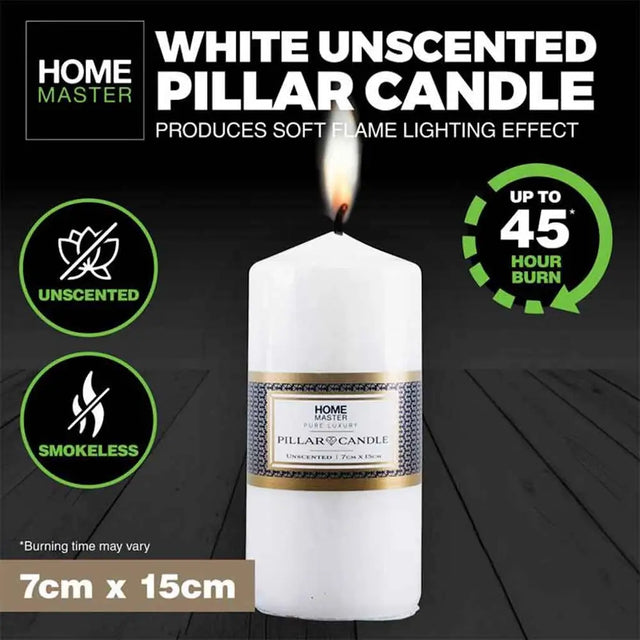 White unscented pillar candle with label on a dark wooden surface, featuring Home Master branding.