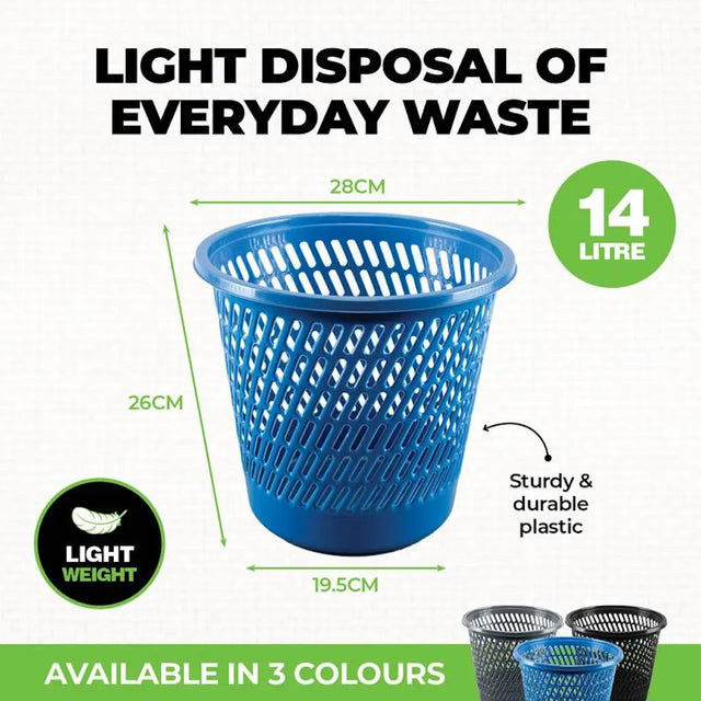 Blue waste bin with dimensions and weight information on a white background