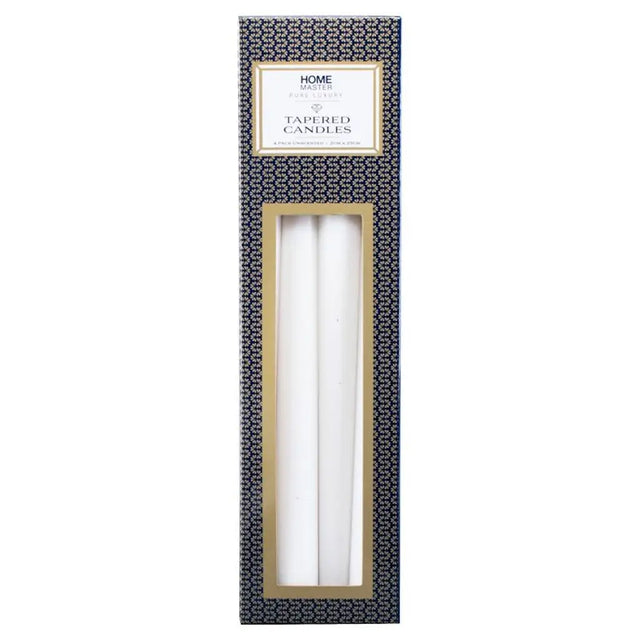 Two white tapered candles in a decorative box with 'Home Elements' branding on a white background.