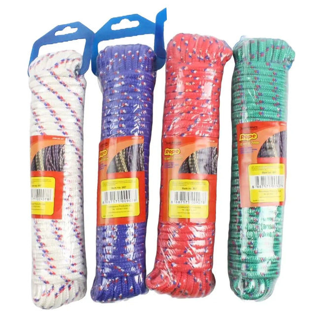Four packages of multicolored rope with blue, purple, red, and green colors on a white background.