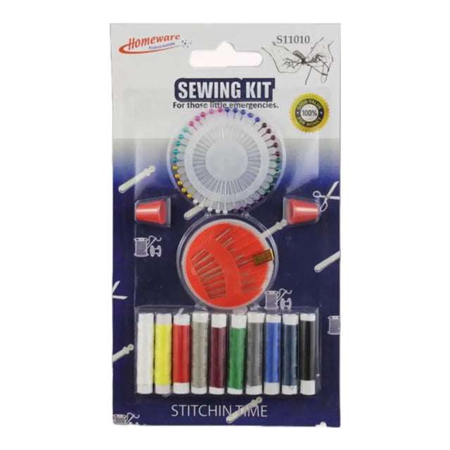 Packaged sewing kit with various sewing supplies on a white background