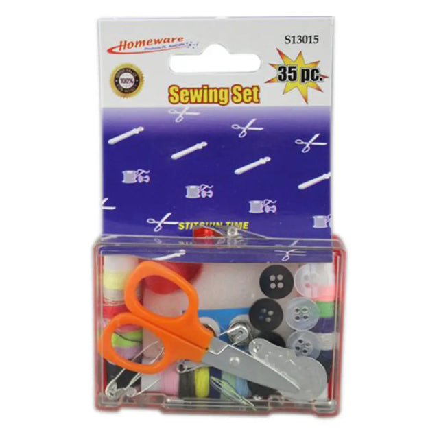 Packaged sewing set with scissors, thread, and buttons on a white background