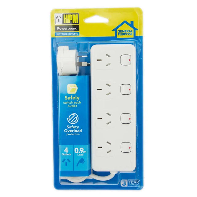 HPM powerboard with multiple outlets in packaging on a white background
