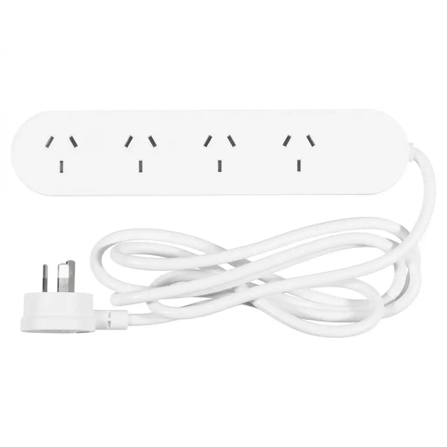 White extension cord with multiple outlets on a white background