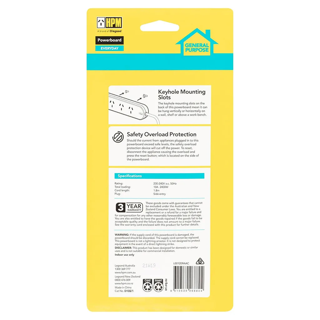 HPM 1.8m 4 Outlets Powerboard With Safety Overload Protection D105/1
