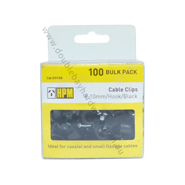 Pack of HPM cable clips with a yellow label on a white background