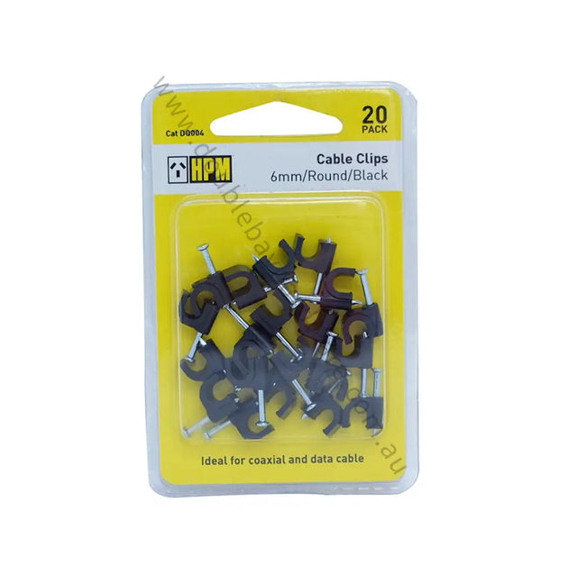 Pack of 20 cable clips with HPM branding on a yellow background