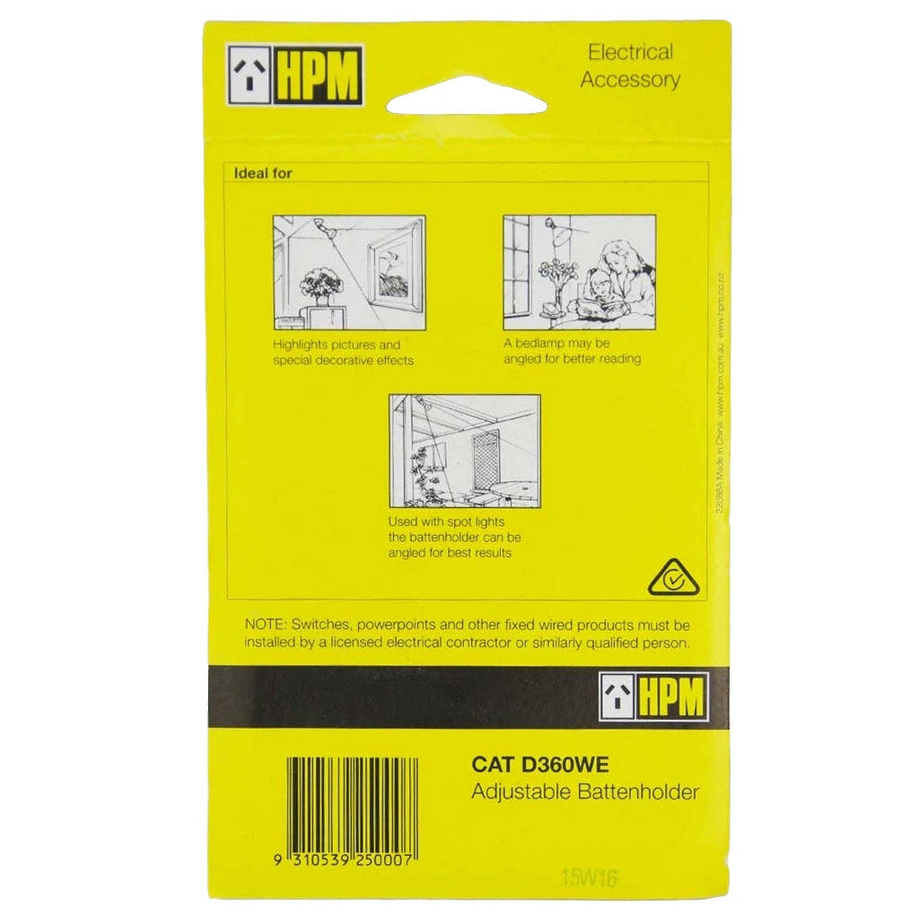 HPM Adjustable B22 Batten Holder White D360WE