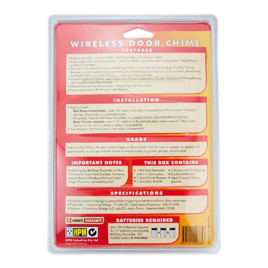 HPM Battery Operated Wireless Door Chime Up to 70 metres Range D641/BLR