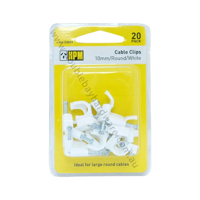 Pack of 20 white cable clips with HPM branding on a yellow background
