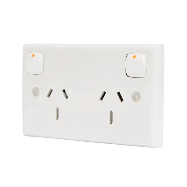 White electrical socket with two switches on a white background