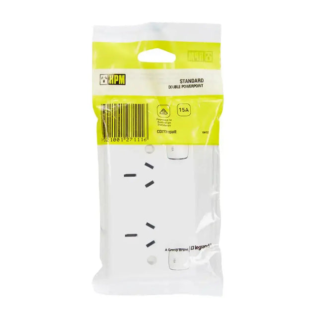 White power socket in clear packaging with yellow label on a white background