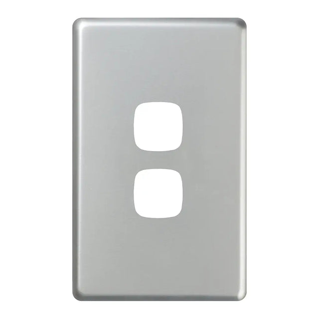 Metallic silver wall plate with two outlets on a white background