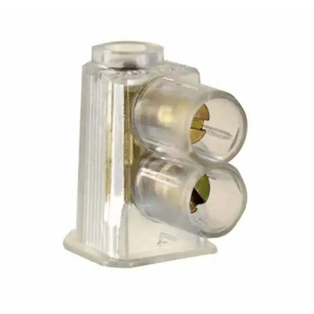 Clear plastic component with two cylindrical lenses on a white background