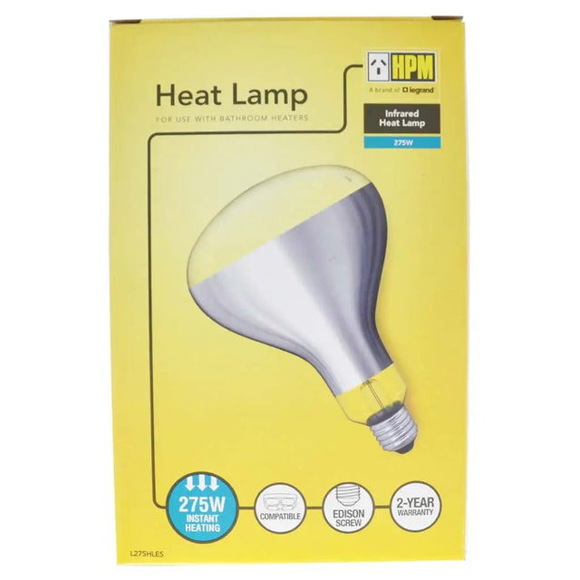 Heat lamp packaging with HPM branding on a yellow background