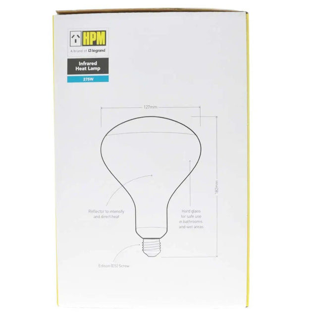 Box packaging of an HPM infrared halogen lamp with bulb illustration and specifications.