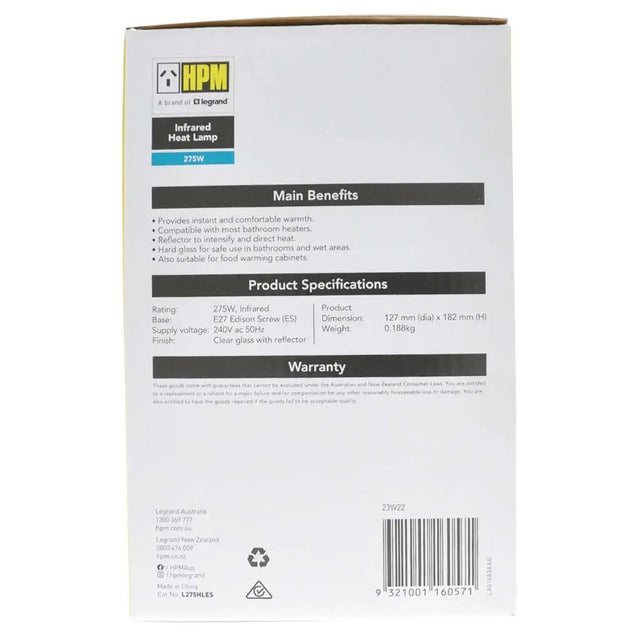 Back view of an HPM infrared heat lamp packaging with specifications and branding.