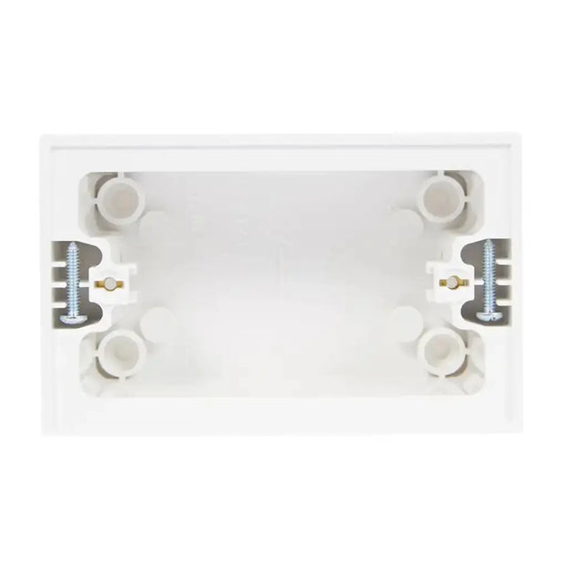 White electrical box with mounting hardware on a white background