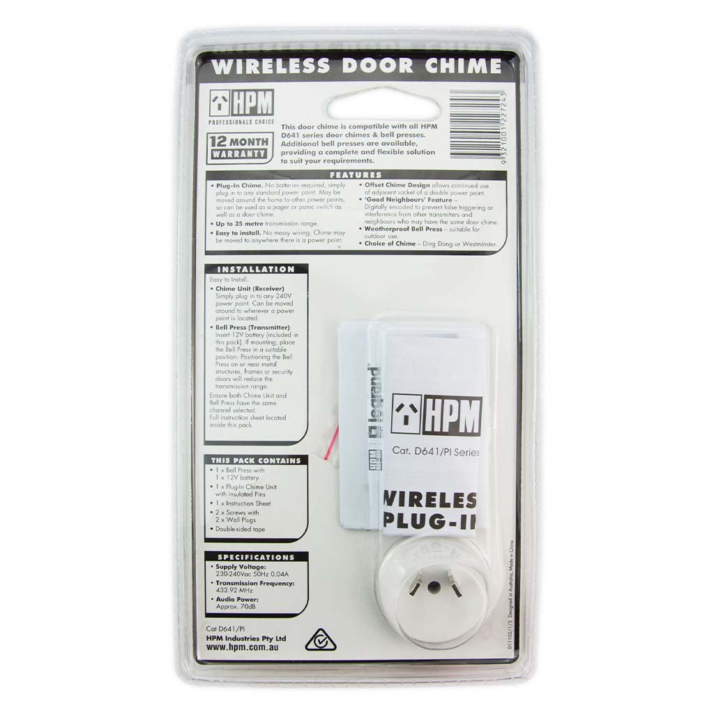 HPM Power Operated Plug In Wireless Door Chime Up to 35 metres Range D641/PI