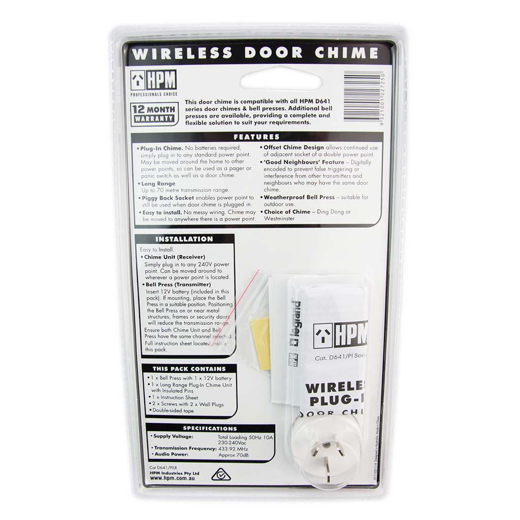 HPM Power Operated Plug In Wireless Door Chime Up to 70 metres Range D641/PILR