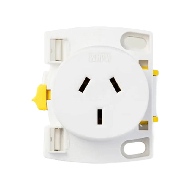 White electrical socket with black outlets and yellow accents on a white background