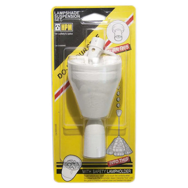 White lampshade suspension set with safety lampholder on yellow packaging