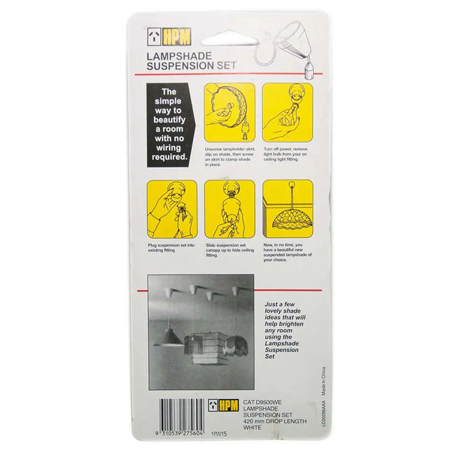 Lampshade suspension set packaging with illustrations and text on a white background