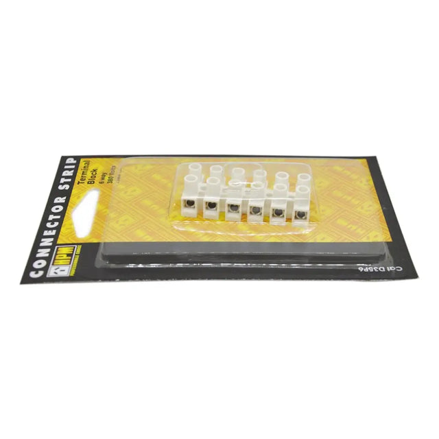 Connector strip packaging with clear plastic window on a white background