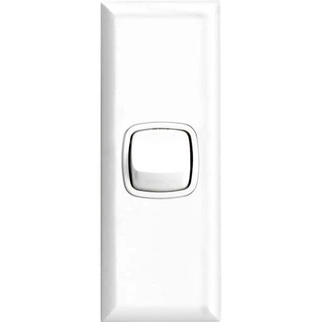 White light switch with a silver rocker on a white background