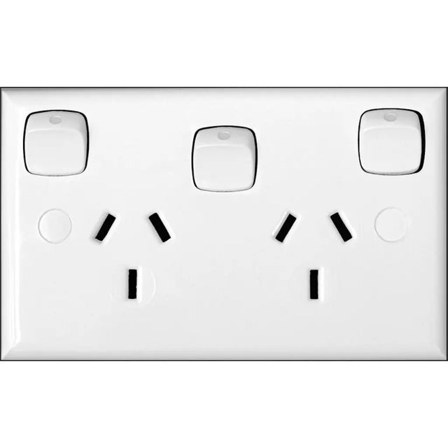 White electrical socket with three sockets and two switches on a white background