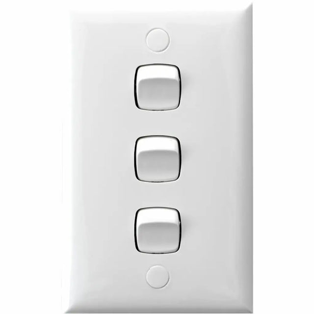 Three-button white wall switch on a white background