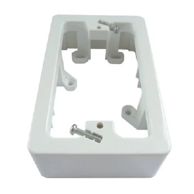 White plastic mounting bracket with screws on a white background